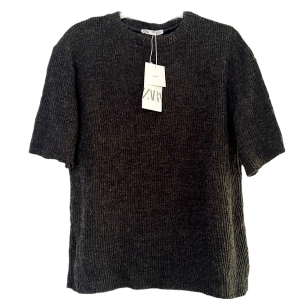 NEW Zara Relaxed Oversized Ribbed Knit Short Sleeve Sweater Grey Raw Hem Small